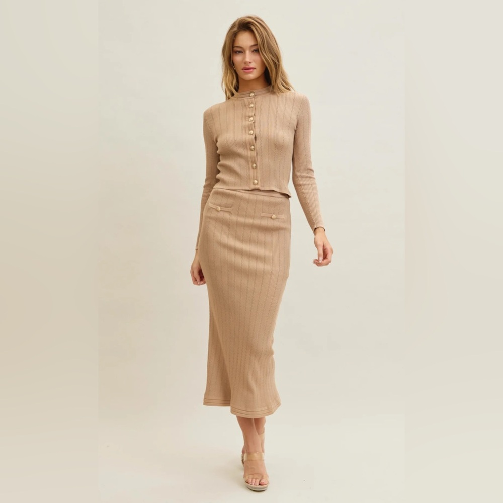 202. Rivir KNIT CARDGIAN AND MIDI SKIRT SET WITH GOLD BUTTONS in Mocha